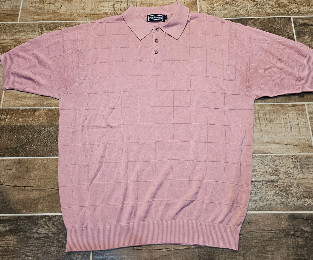 Paul Fredrick Shirt Mens XLT Dusty Pink 100% Silk Knit Polo Sweater Windowpane